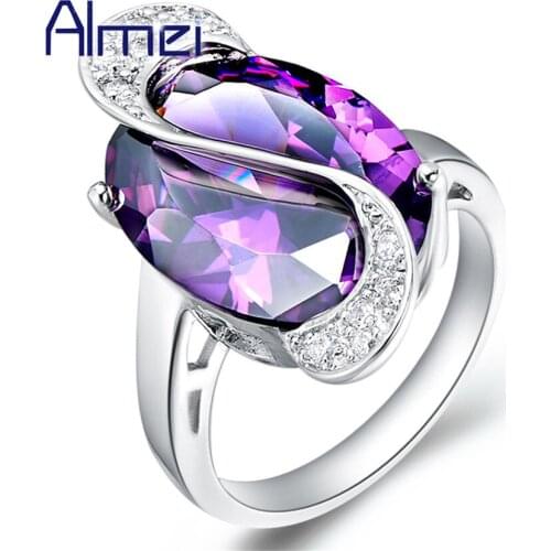 Almei Silver Color Ring with Purple Blue Rainbow Stone Crystal Rhinestone Rings for Women Sizing Engagement Bagues Femmes J195