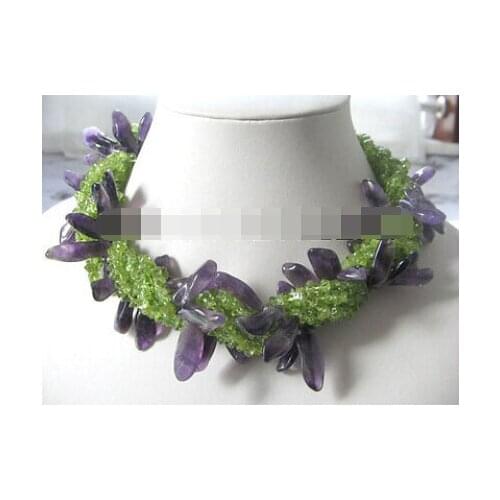 FREE SHIPPING>>>Beautiful 17" 7row natural peridot and Purple crystal necklace