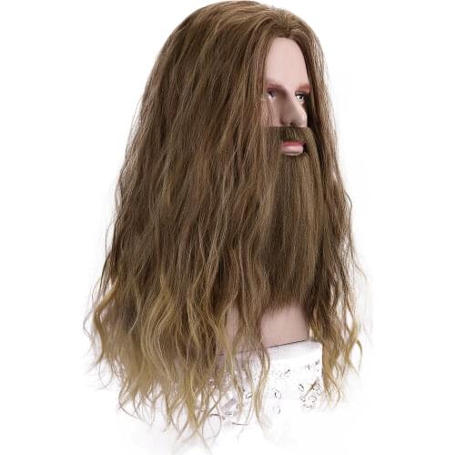 Long Wavy Synthetic Cosplay Wig Mixed Color Halloween Party Costume Wig for Men Wig and beard