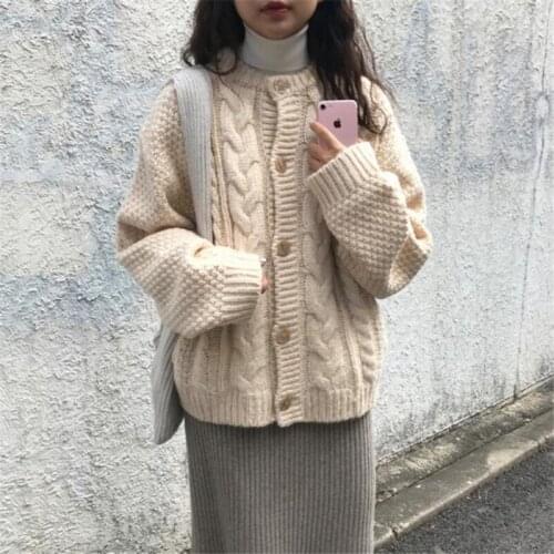 2020 New Sweater Women Autumn Winter Jackets Korean Loose Twist Thick Lazy Wind Chic Knit Cardigan Coat Girls Outerwear v1175