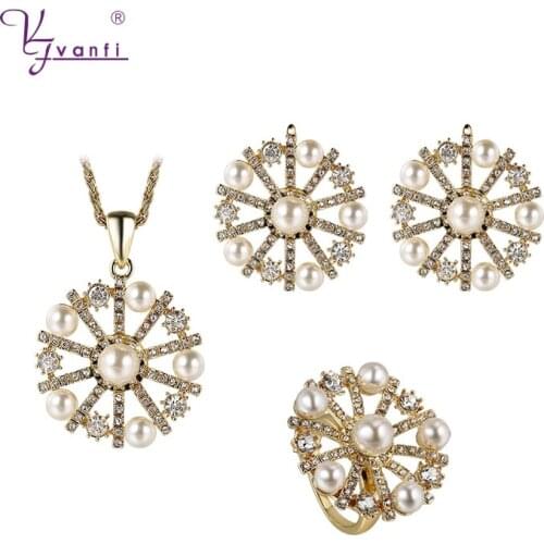 Kfvanfi Fashion Rhinestones Crystal Beads Jewelry Sets For Women Simulation Pearls Wedding Gold Earring Necklace Ring Set Bridal