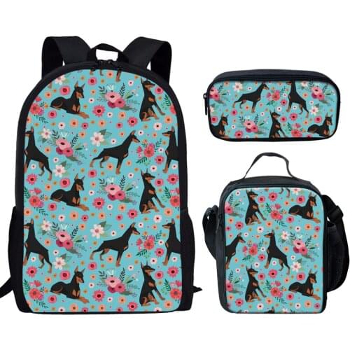 ELVISWORDS Customized Backpack Set Dog&Flower Pattern School Bags Students Schoolbag 3Pcs/Set Kids Bag Rucksack Mochila Escolar