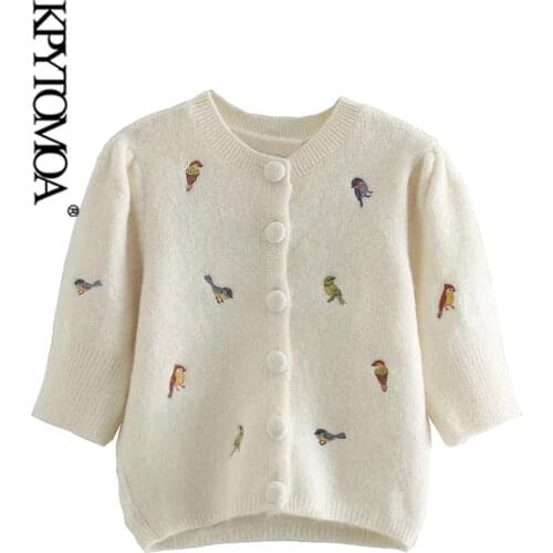 KPYTOMOA Women 2020 Fashion With Embroidery Cropped Knitted Cardigan Sweater Vintage Puff Sleeve Female Outerwear Chic Tops