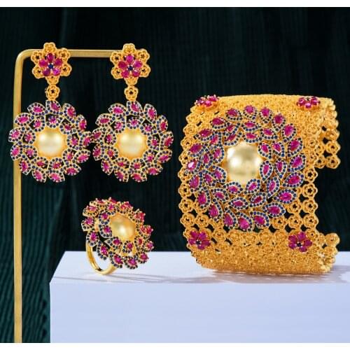 Missvikki Carved hollow Luxury Vintage golden Necklace Bangle Earrings Ring for Women Bridal Wedding Party Gorgeous Jewelry Set