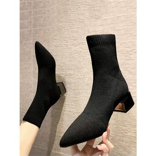 Socks and boots women 2020 winter new black pointed toe medium thick heel Martin short boots net red stretch womens shoes boots