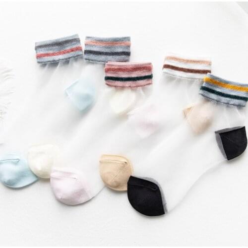 New Summer Ultra-Thin Glass Filament Socks Woman Korean Style Sheer Crystal Silk Socks Fashion Stripe Ankle Transparent Socks