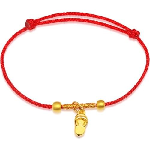 New Pure 24K Yellow Gold Bracelet Women 3D Luck Shoe Smooth Bead with Red Cord Weave Bracelet