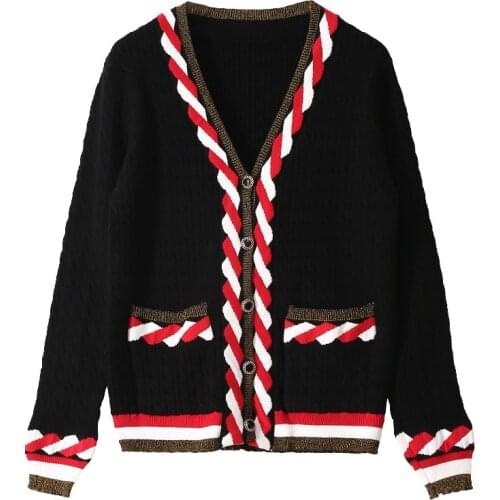 Retro Fashion Jumpers Luxury Women Contrast Striped Gold Long-Sleeve V-Neck Loose Knit Cardigan Girls Tops Office Lady Sweater