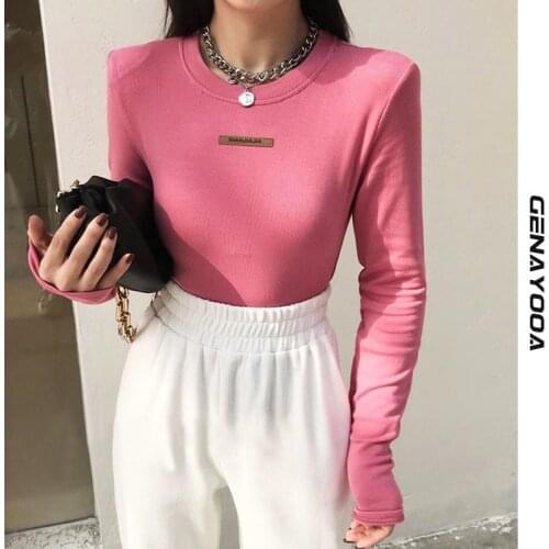 Genayooa Sexy Skinny Crop Tops Long Sleeve Womens T-shirt 2021 Autumn Spring Slim O Neck T Shirt Women Clothes Korean Tops