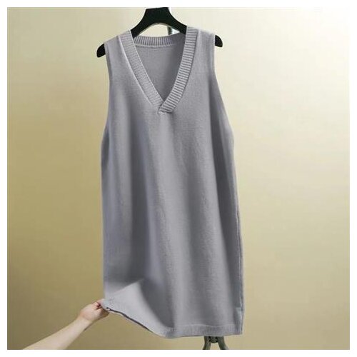 Gray Korean Spring Fall V-neck Pullover Long Sleeveless Sweater Vest Loose Coat Outcoat Lady Top Cloth for Women girl Waistcoat