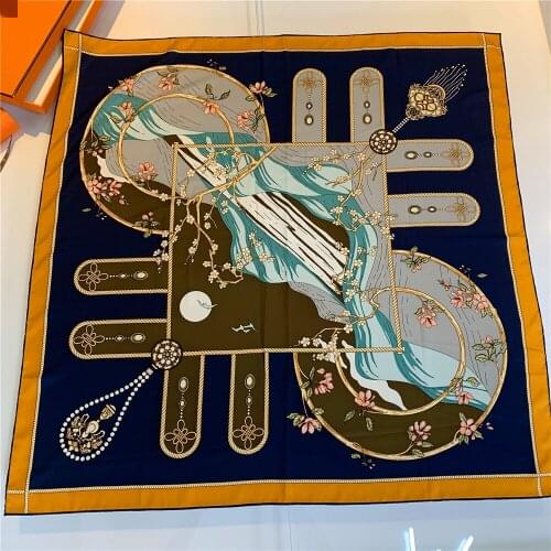 90cm Square Scarf Women Luxury Landscape Design Foulards Twill Silk Scarves Wraps Hand Rolled Bandana Curled Head Scarves Hijab