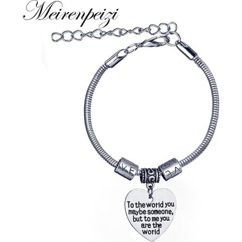 To the World You May Be Someone but to Me You Are the World Engraved Heart Charms Pendant Bracelet Bangle Family Lovers Jewelry