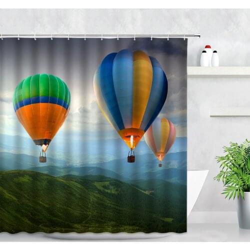 Forest Mountain Natural Landscape Hot Air Balloon Bathroom Shower Curtains Fabric Waterproof Polyester Bath Curtain Hook Screens