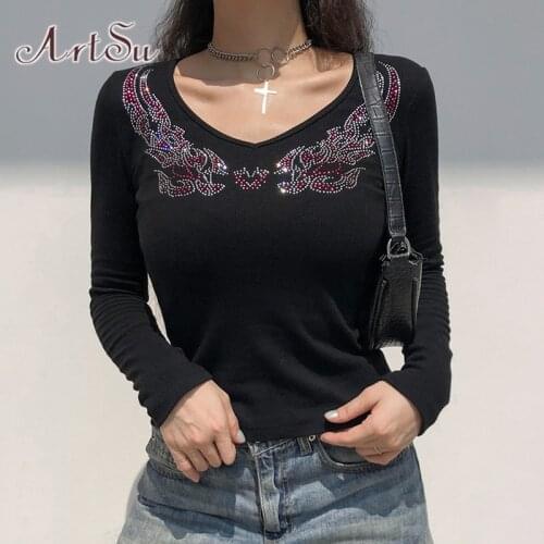 ArtSu Black T-shirt Women Y2K Fashion Autumn V Neck Sexy Crop Top Goth Kawaii Clothes Rhinestone Casual Long Sleeve Shirt Tshirt