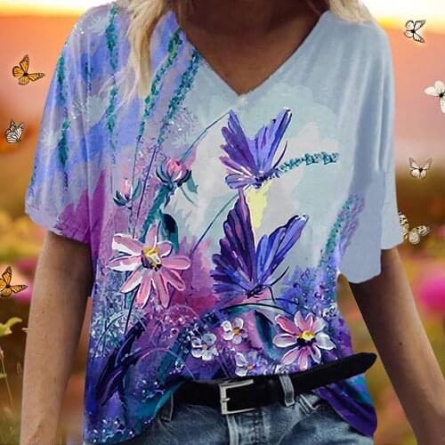 40# Harajuku T-shirts Women Vintage Butterfly Printing Plus Size T-shirts V-neck Short Sleeve Summer Top T-shirt Mujer Camisetas