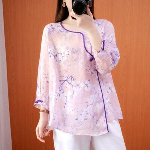 Oversized Women Summer Casual Shirts New Arrival 2021 Chinese Style O-neck Vintage Floral Print Loose Female Thin Tops S4074