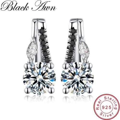 [BLACK AWN] Pure 925 Sterling Silver Earrings Wedding Stud Earrings for Women Female Black Spinel Silver 925 Jewelry T186
