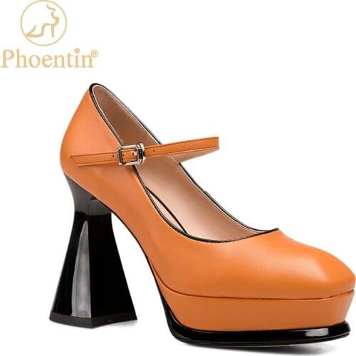 Phoentin Womens Platform Mary Jane Pumps 2021 spring Retro Genuine Leather Shoes super high Chunky Heel Runway Shoes FT1384