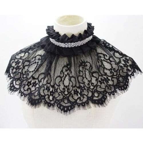 Women Hollow Out Embroidered Floral Lace Wedding Shawl Bolero Ruffle Pleated High Neck Fake Collar Pearl Bridal Shrug Detachable