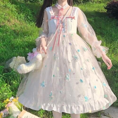 Girly Lolita Lolita Daily Super Fairy Mesh Floral Princess Dress for Women 2021summer New lolita dress kawaii dress
