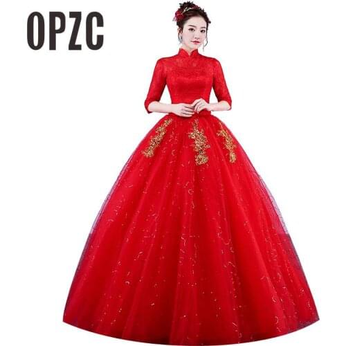 Real Photo Vintage Wedding Dresses 2020 High Neck Korean Style Red Romantic Bride Princess Gold Lace Embroidery Vestido De Novia