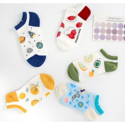 10Pcs=5Pairs/Pack Socks Women Funny Fruits Lemon Strawberry Little Flower Planet Smiley Cartoon Cute Boat Socks Dropshipping