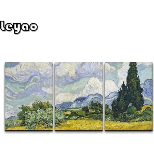 3 Panel Diamond Wall Art-Wheat Field with Cypresses by Vincent Van Gogh-Triptych Diamond Painting Cross Stitch Kits