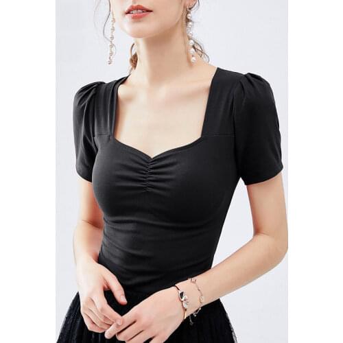 Womens Spring Summer Style Cotton Blouse Shirt Womens Solid Color Square Collar Puff Sleeve Elegant Sexy Slim Tops DD8402