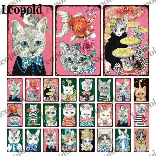 Metal Plaque Funny Cat Series Head Bird Goldfish Deer Cat Corridor Room Retro Wall Art Deco Metal Painting