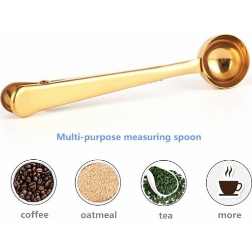 Two-in-one Multifunction Coffee Spoon Stainless Steel Kitchen Supplies Scoop With Bag Seal Clip Coffee Measuring Spoon