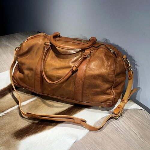 Retro fashion first layer cowhide men large-capacity travel bag leisure outdoor soft cowhide shoulder messenger hand duffel bag