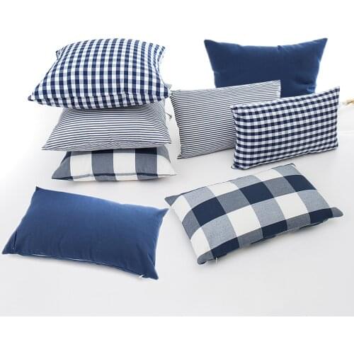 45x45/30x50cm Plaid Striped Throw Pillow Covers Sofa Chair Decorative Polyester Cotton Cushions Cover Navy Blue Pillowcase