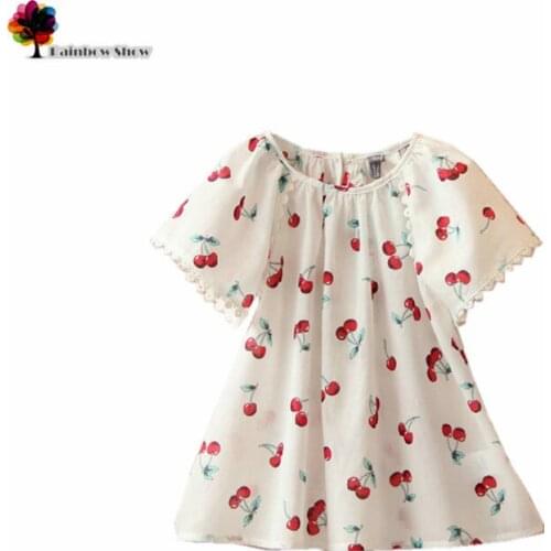New Children Clothing Summer Girls Cute Berry Printed Lace Ruffle Cotton O-neck Short Sleeve Blouse Kids Blouse