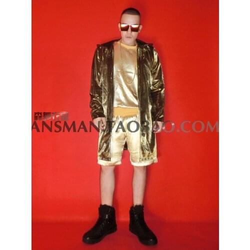 New Fashion personality Male DJ singer Gold long hip-hop Long Cloak Costumes suit Nightclub party show stage dance wear