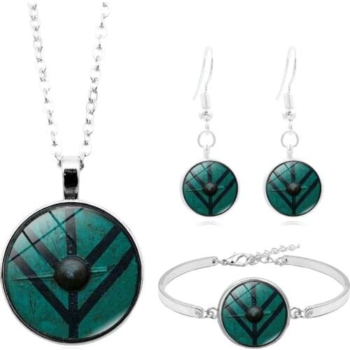 New Arrived The Vikings Jewelry Sets The Shield of Lagertha Glass Pendant Bracelet Earrings Necklace Sets for Women Jewelry Set