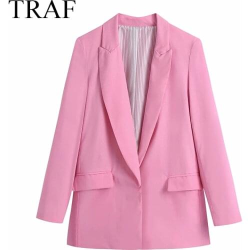 TRAF Womens Clothing Pink Blazer Chic Fashion Solid Color Womens Jacket Female Oversize Long Sleeve Pocket Coat Office Lady
