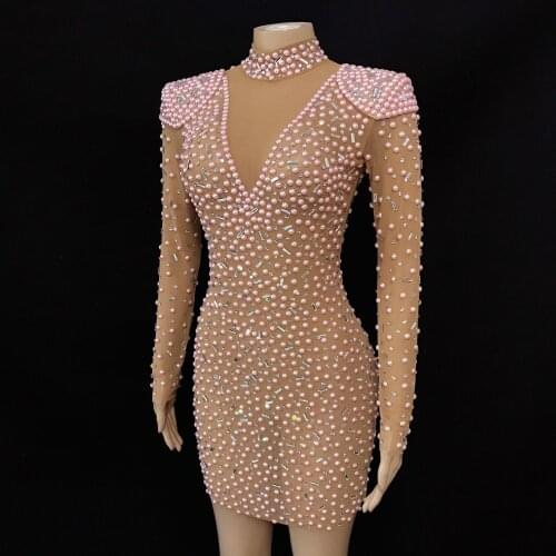 Full Pink Rhinestone Pearl Transparent Dress Prom Women Dance Short Dress Birthday Celebrate Stereoscopic Shoulder Outfit