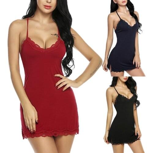 Sexy Women Lace Nightdress Strap Deep Lingerie Sexy Ladies Sleepwear Dress Robe Nightie Gown Erotic Backless Lingerie Womens