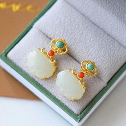 Ethnic Style Earrings Chinese Style Complex Classical Chinese Style Hetian Jade Earrings Sterling Silver Ruyi Long Life Safety L