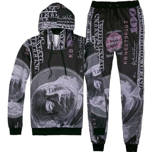 Printing Dollar Pattern Joggers Tracksuit Unisex Pants + Hoodie Sweatshirts Outfit Sweatpants Set For Men And Women