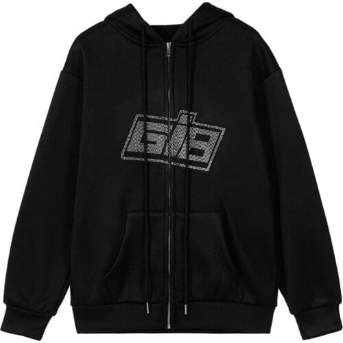 Emo Clothes Rhinestone Zipper Oversized Hoodies E-girl Vintage Letter Long Sleeve Black Sweatshirts Y2K Fashion Teen Streetwear