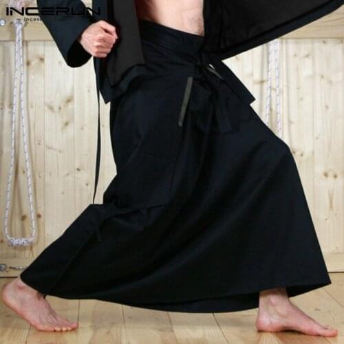 INCERUN Fashion Kilt Samurai Trouser Mens Long Skirts Martial Arts Style Kendo Skirts Men Solid Retro Military Clothing S-5XL