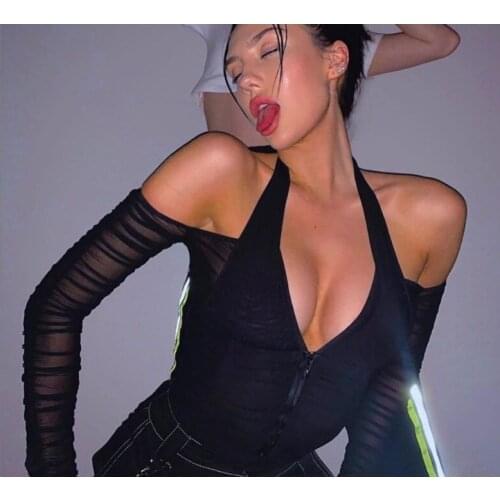 Women Sexy Halter Crop Tops Mesh Ruched Drawstring Long Sleeve Off Shoulder Zip Up Plain T-Shirts Ladies V-neck Streetwear
