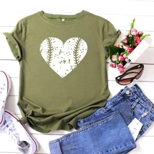 100% Cotton Summer New Womens T-shirt O-Neck Harajuku Baseball Heart Top Casual Female T shirt Oversized Size S-5XL