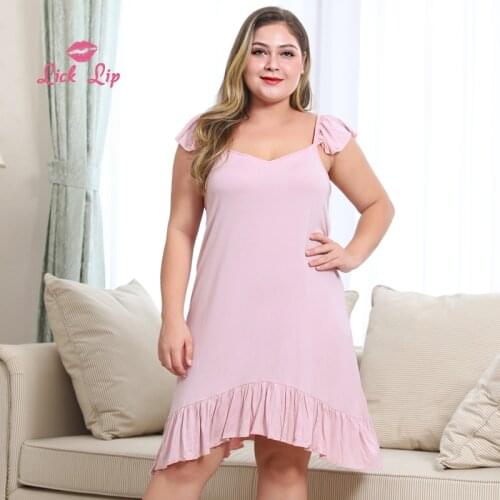 Lick Lip Plus Size Pink Ruffled Hem Nightwear Women V-Neck Sling Flying Sleeve Sexy Nightgown Fashion Slim Home Dress SWD15321-3