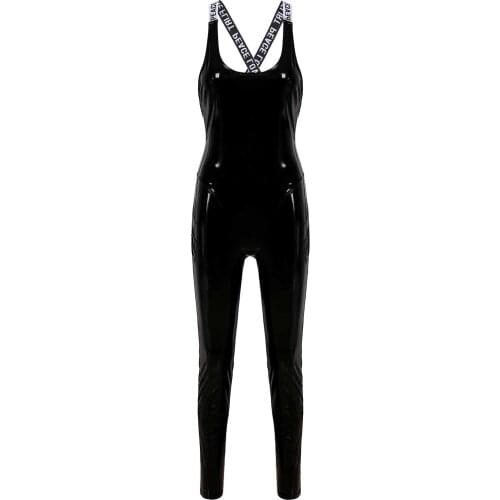 Womens Femme Patent Leather Bodysuit Wet Look Sleeveless Backless Jumpsuit for Workout Fitness Skinny Body Latex Costumes