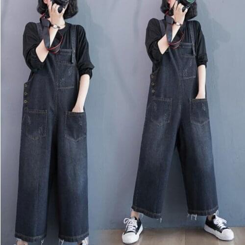 #2363 Spring Black Denim Overalls Women Loose Wide Leg Jumpsuits Ladies Ankle-length Korean Style Jeans Jumpsuit Femme Rompers