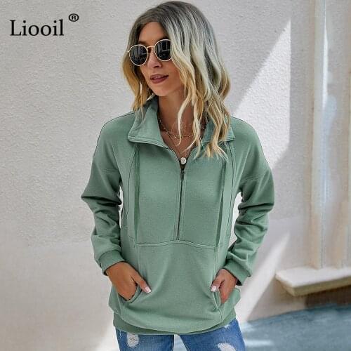 Green Pullover Sweatshirts Women 2020 Zip Up Full Sleeves With Pockets Autumn Winter Clothes Ladies Casual Tops And Blouses