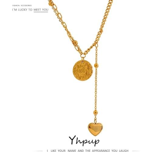 Yhpup 2021 Stainless Steel Heart Pendant Necklace Fashion Texture Metal Collar Women Necklace Waterproof Jewelry Anniversary