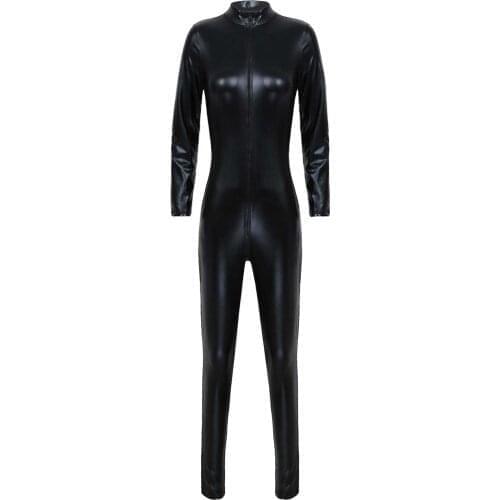 Womens Lingerie Latex Bodysuit Metallic Patent Leather Stand Collar Long Sleeve Zipper Crotch Catsuit Bodysuit Slim Fit Clubwear